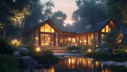 Fototapeta premium A Modern Cabin in the Woods Illuminated by Warm Lights and Surrounded by a Pond