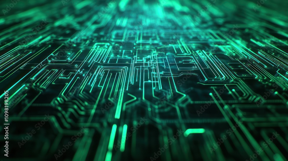 Poster abstract digital circuit pattern in green tones, representing technology and data flow.
