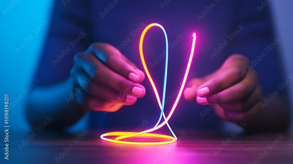 Poster close-up shot of hands creating collaborative art with colorful neon wires in a softly lit environme