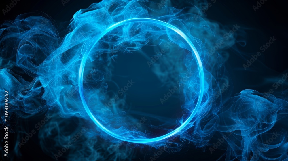 Poster Futuristic abstract blue neon circle with swirling smoke on dark background for digital art projects