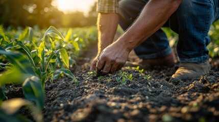 Fototapeta premium Farmer's hands planting corn seedlings in a field at sunset.