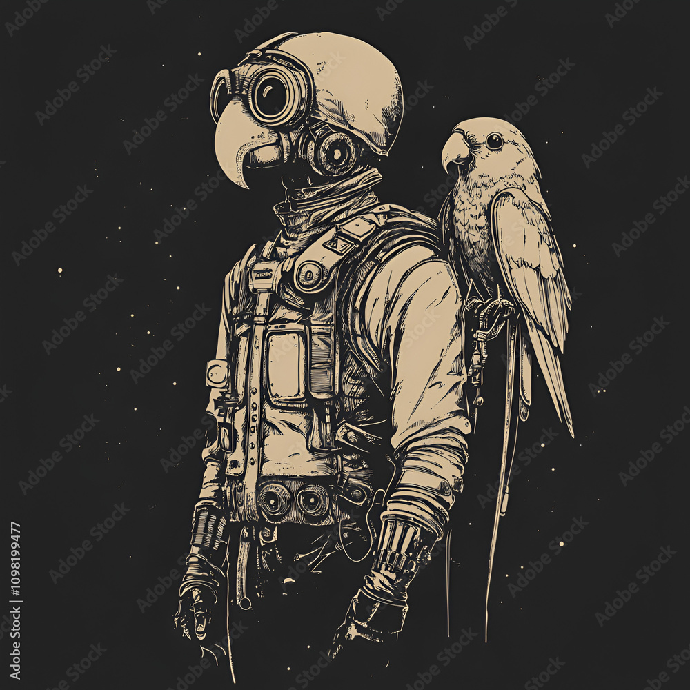 Poster adventurous retrofuturistic explorer with mechanical parrot surreal environment concept art imaginat