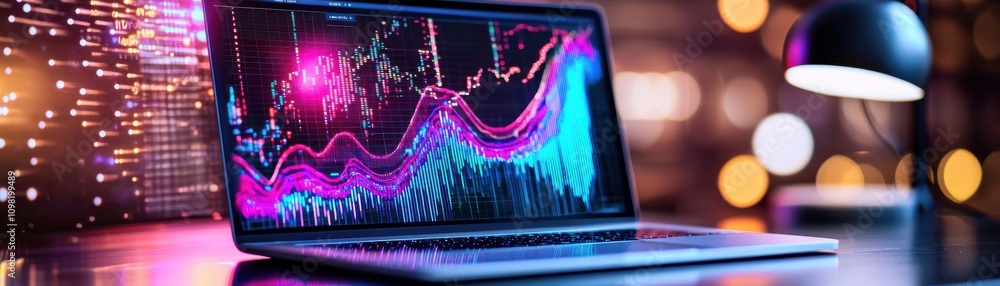 Poster a vibrant laptop display showcasing colorful data visualizations.