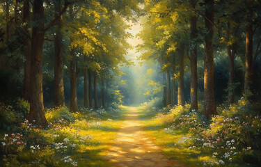 Obraz premium Tranquil forest path surrounded by lush greenery and soft sunlight filtering through tall trees, creating a serene and magical atmosphere, in a painterly style.