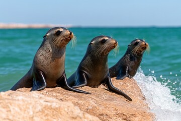 Fototapeta premium Aquatic sea lion basking on a rocky shore, with playful pups splashing in the nearby waves