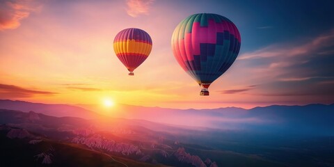 Obraz premium Colorful hot air balloons soar over a stunning desert landscape at sunset. created by ai