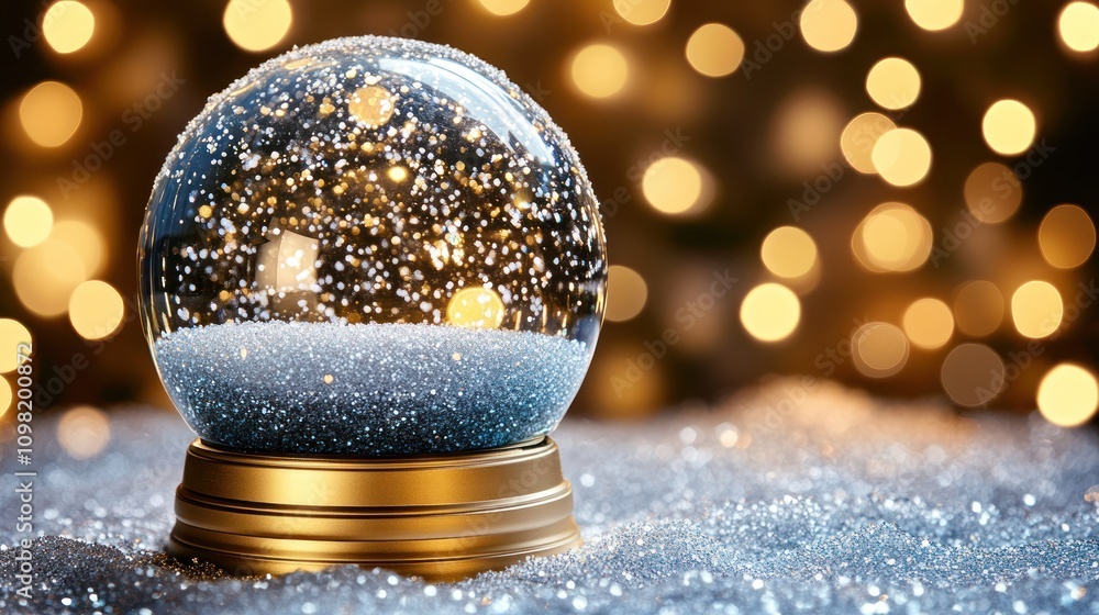 Poster A snow globe with gold base sits on sparkling snow with a warm, bokeh background.