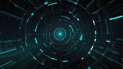Fototapeta premium Abstract digital tunnel with glowing teal lines and circular patterns.