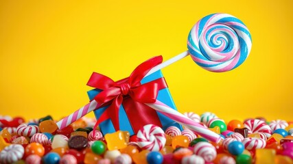 A colorful lollipop and a wrapped present are surrounded by a variety of candies, creating a sweet and festive scene.