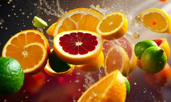 Juicy citrus fruits exploding in a splash of liquid.