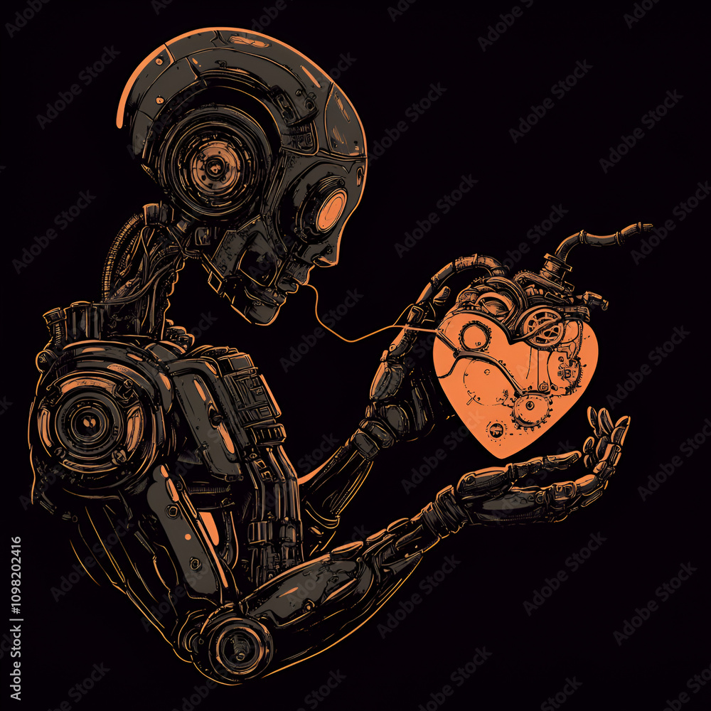 Poster retrofuturistic robot mechanic repairing clockwork heart futuristic workshop digital art sci-fi envi