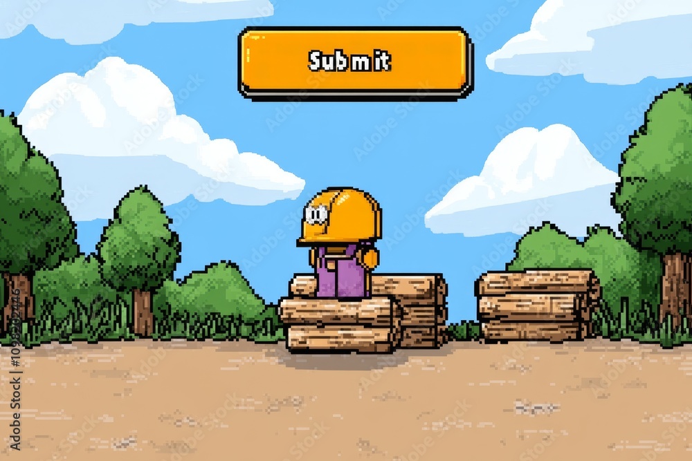 Aufkleber Assessment interface in pixel art style, with tiny checkboxes, a retro pie chart, and blinking â€œSubmitâ€ button