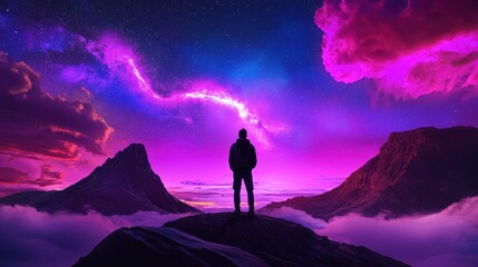 Fototapeta premium Stargazing adventure majestic mountains digital art vibrant sky wide angle imagination and exploration