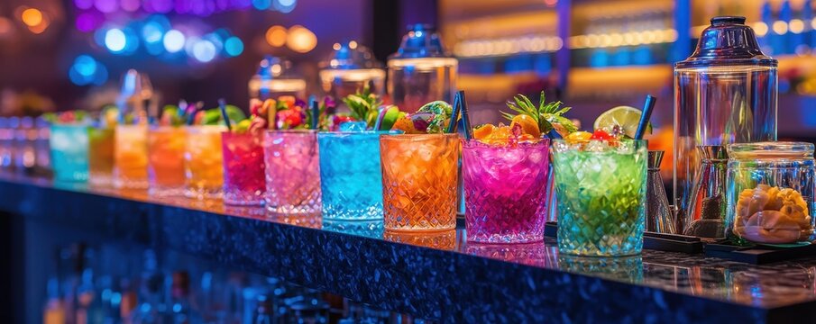 Vibrant cocktails lined up on a bar showcasing colorful drinks.