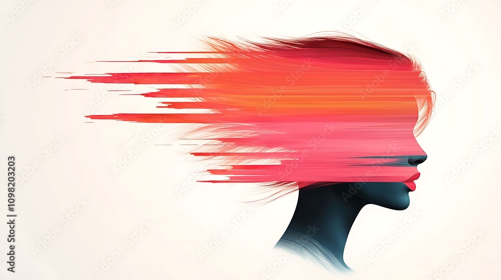 Poster high contrast portrait featuring abstract swirling elements and vibrant colors representing movement