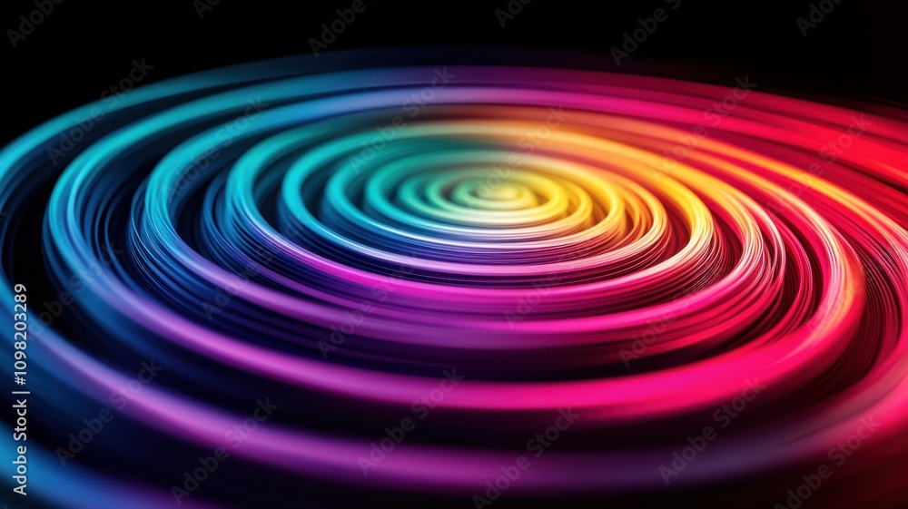 Poster vibrant and colorful abstract circular pattern on a dark background.