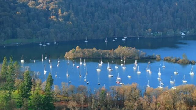 Autumnal aerial video of Wendemire lake in Cumbria - United Kingdom. 