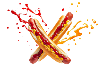 Set of crossed hot dogs with ketchup and mustard splashes, isolated on transparent cutout background