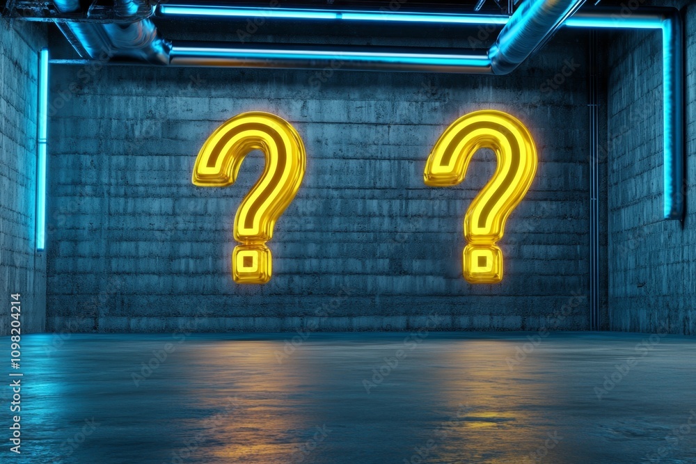 Poster futuristic question interface in holographic 3d, with glowing question marks and digital prompts flo