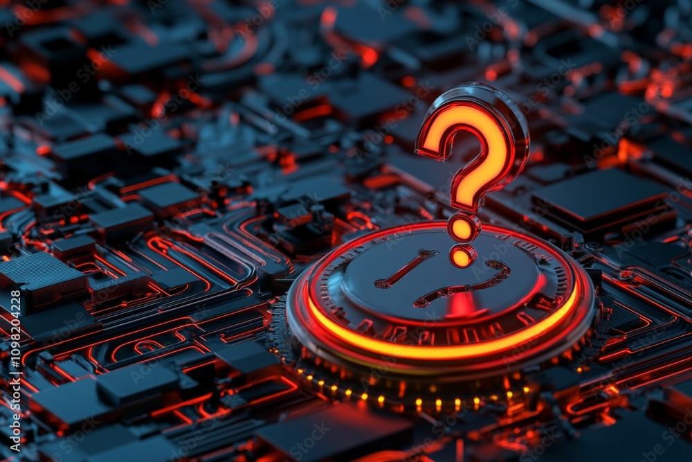 Poster Futuristic question interface in holographic 3D, with glowing question marks and digital prompts floating in mid-air