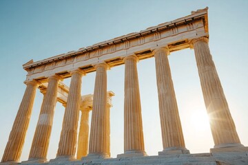 Naklejka premium Greek architecture of an ancient temple with towering columns and detailed friezes, set against a clear sky