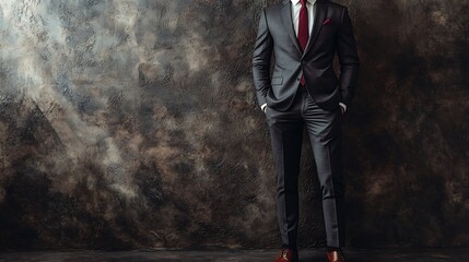 A man in a full body shot dressed in a charcoal gray suit, white shirt, and a solid red tie.