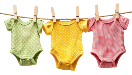 Set of colorful baby clothes hanging on a rope with clothespins, isolated on transparent cutout background
