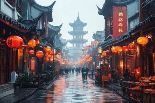 Jinli ancient street in chengdu illuminating with red lanterns during chinese new year celebrations