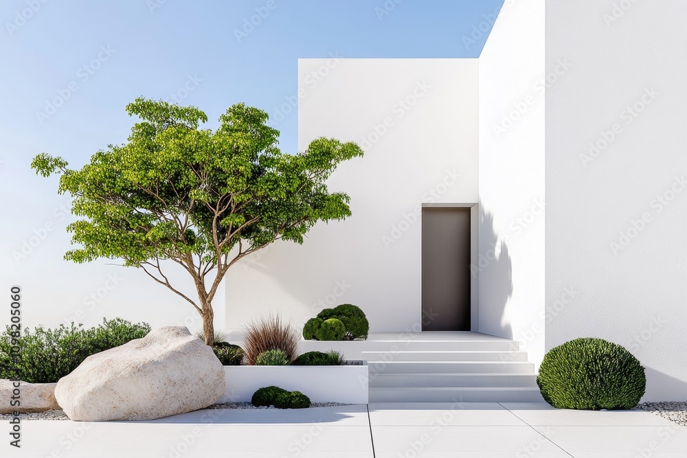 Poster Minimalist architecture of a white concrete house surrounded by a serene garden with clean lines and open spaces