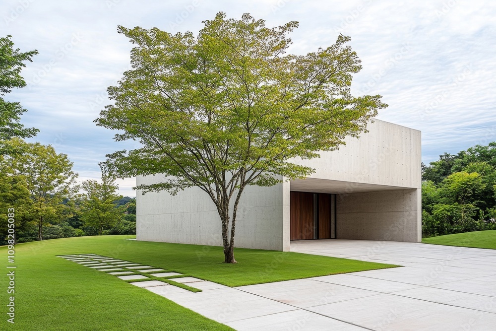 Poster Minimalist architecture of a white concrete house surrounded by a serene garden with clean lines and open spaces