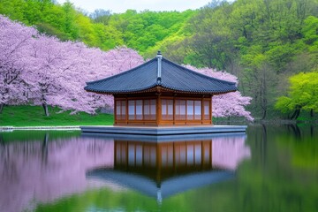 Obraz premium Japanese traditional architecture of a serene tea house surrounded by a koi pond and cherry blossom trees
