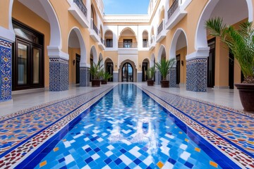 Moroccan architecture of a riad, with colorful zellige tiles, carved plasterwork, and a central courtyard