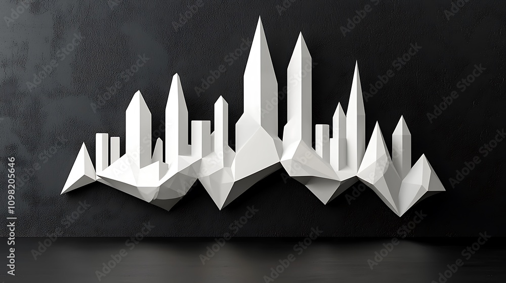 Poster abstract representation of a sleek black and white city skyline featuring geometric shapes and angul