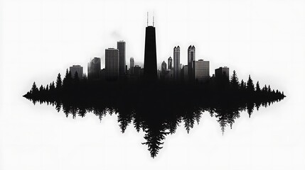 Fototapeta premium Black and White City Skyline with Sleek Architecture and Geometric Shapes, Silhouetted Against a Minimalist Background of Forested Trees and Urban Landscape