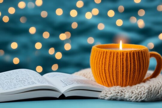 Self-assessment journal with reflective prompts, open on a cozy table with a candle and a cup of tea