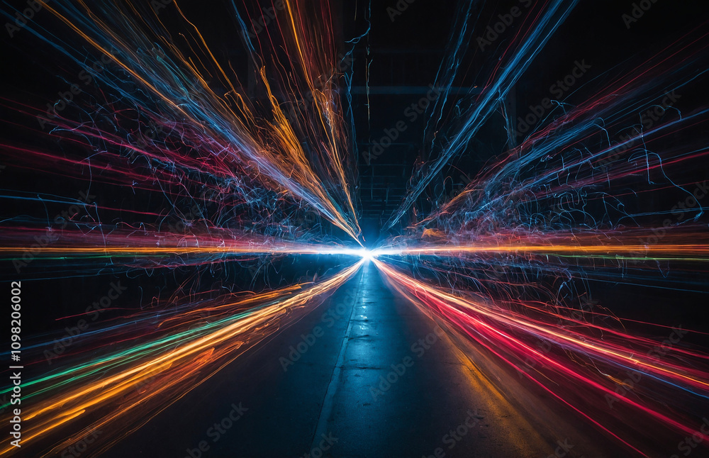 Poster dynamic speed motion blur on street with vibrant color trails