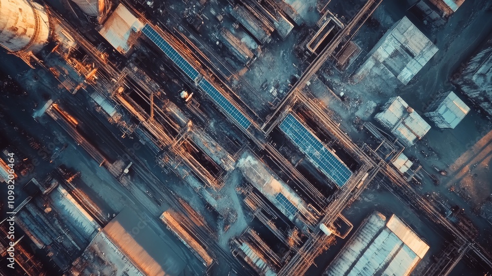 Poster aerial view of an industrial site with pipelines and storage units, showcasing complex infrastructur