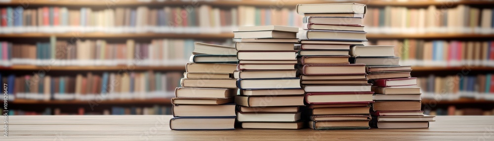 Aufkleber stack of books on a table in a library setting.