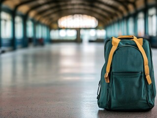 A stylish green backpack with yellow straps on a smooth, empty walkway in a station.
