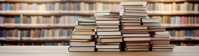 Stack of books on a table in a library setting.