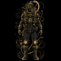 Steampunk diver exploring ocean depths underwater adventure illustrative art mysterious environment immersive concept