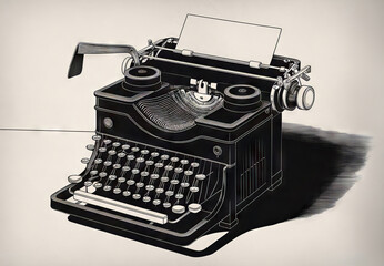 vintage typewriter with paper, old engraving