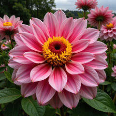 Fototapeta premium Pink dahlia flower blooming in a green garden