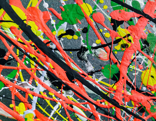 Abstract background of acrylic and latex construction paint. Green, red, yellow and black spots of...