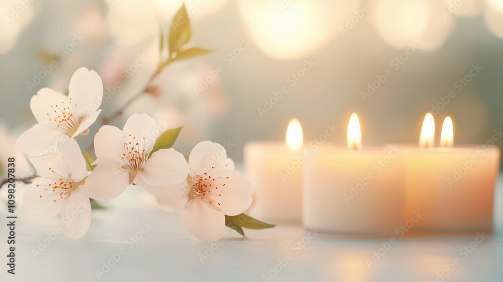 Poster serene setting with delicate white flowers and softly glowing candles, creating a peaceful atmospher