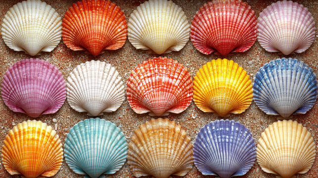 Vibrant cauris shells arranged in a colorful display