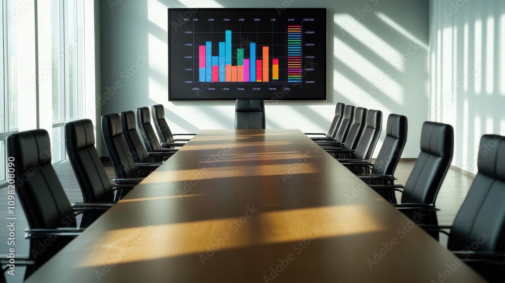 Poster modern conference room with a large screen displaying data.