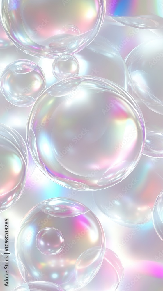 Poster colorful translucent bubbles floating against a soft white background, creating a dreamy and whimsic