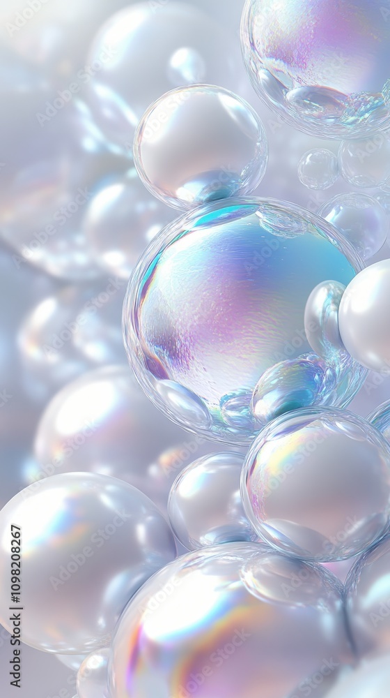 Poster A mesmerizing array of translucent bubbles, reflecting a spectrum of colors, creating a whimsical and serene atmosphere.