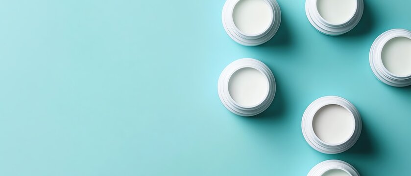 Flat lay of white cosmetic bottles and jars on a blue background, clean beauty packaging, skincare products, minimalistic design, modern layout